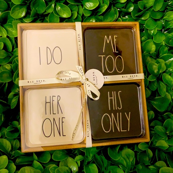 New Set of 4 Rae Dunn I DO ME TOO HER ONE HIS ONLY black & white coasters